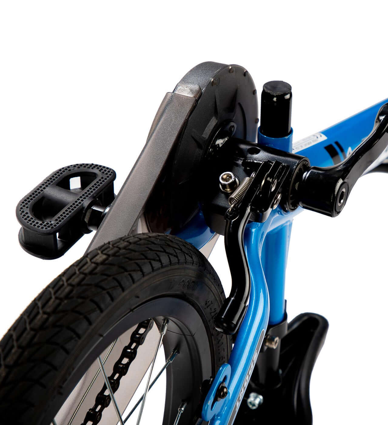 Close-up of Strider 14x bike showing the kickstand and pedal, showcasing easy installation and durability.