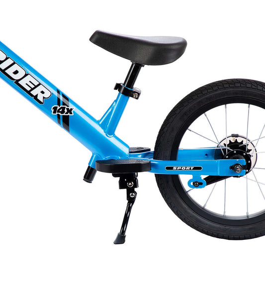 Strider 14x bike showing kickstand for kids, easy installation, and compatible with balance and pedal modes.