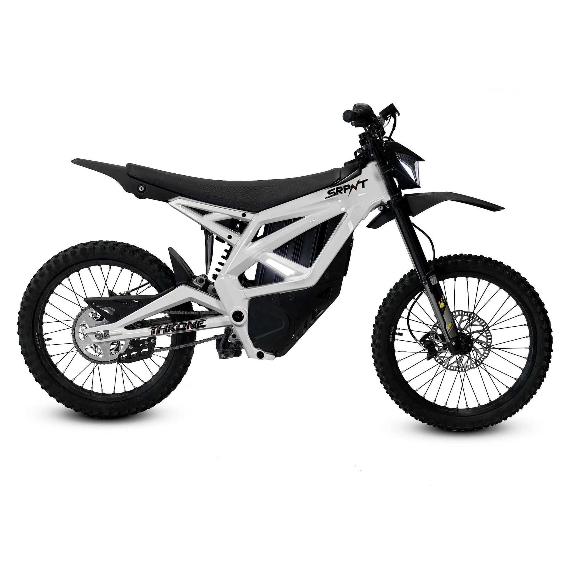 Throne SRPNT e-DIRT BIKE with custom alloy frame, 72 volts and 10,000 watts of power for thrilling adventures.