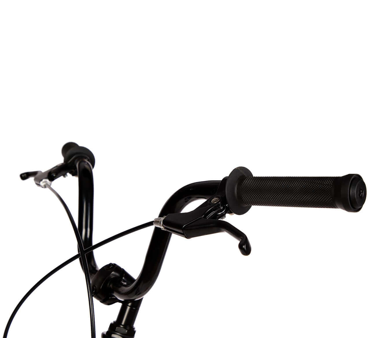 Close-up of Strider 20x Convertible Bike handlebars, featuring grips and brake levers for balanced riding.