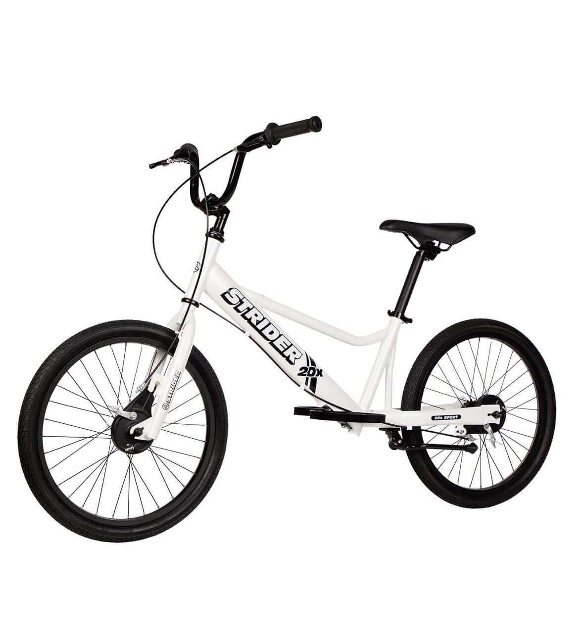 Strider 20x convertible bike in white, perfect for all ages to learn balance and cycling skills.
