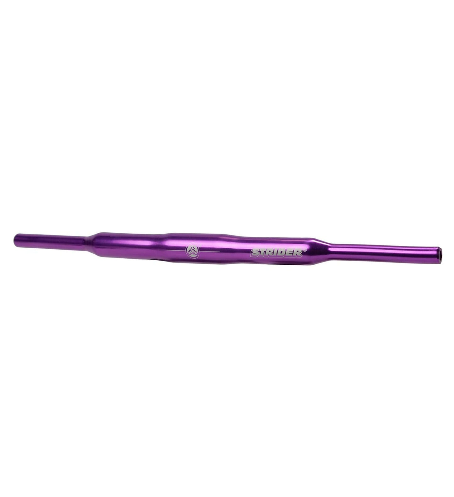 Strider Aluminum Flat Handlebar in purple, lightweight design for kids' balance bikes, enhances reach and racing position.