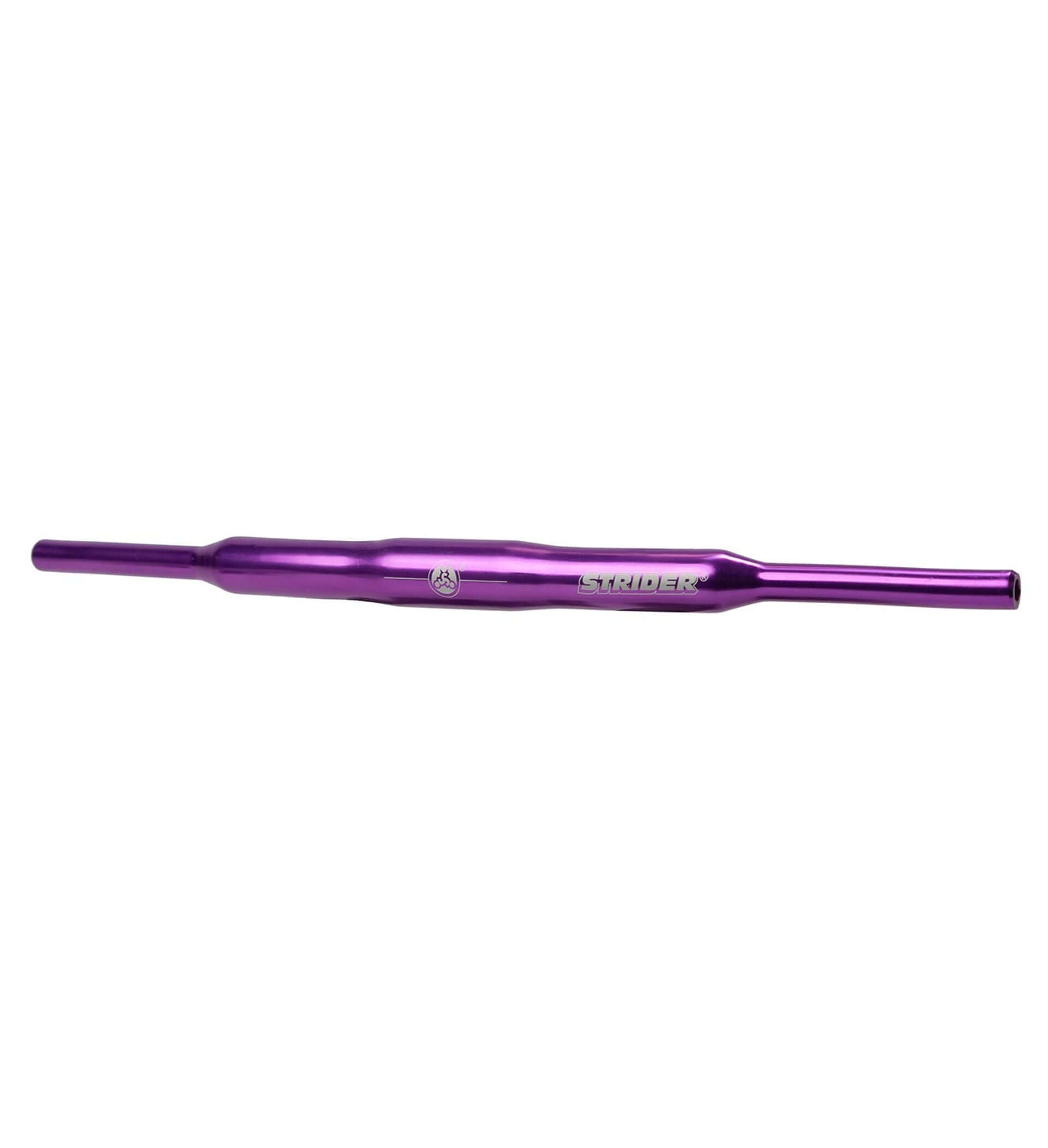 Strider Aluminum Flat Handlebar in purple, lightweight design for kids' balance bikes, enhances reach and racing position.