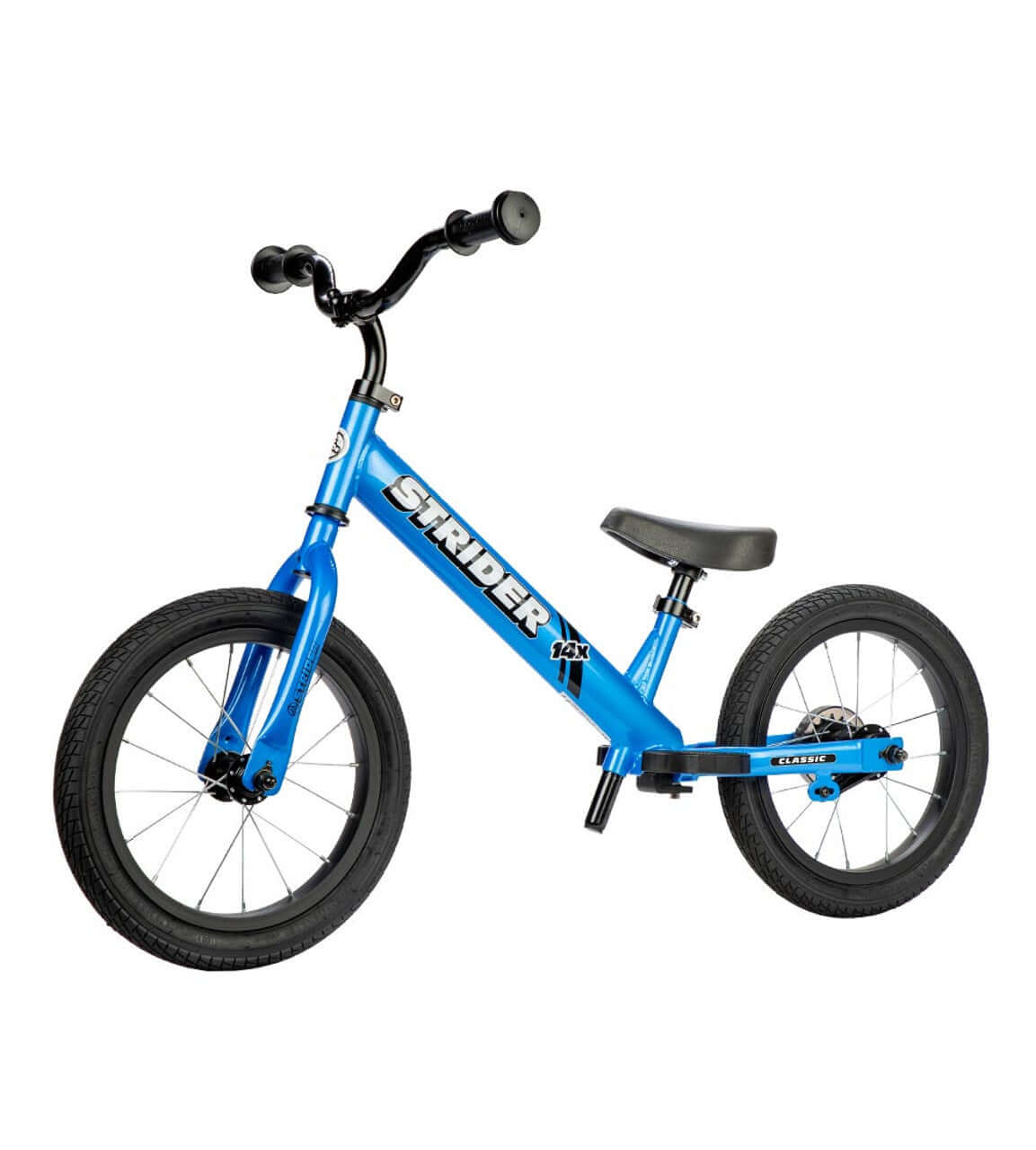 Strider 14x Convertible Bike in blue, designed for kids learning balance and transitioning to pedaling.