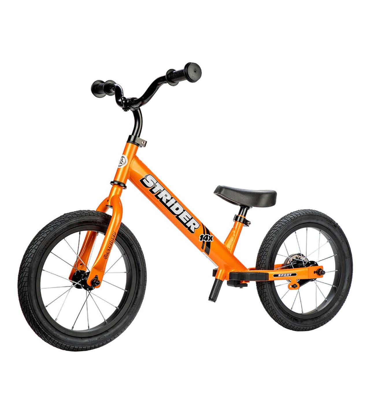 Strider 14x Convertible Bike in orange, designed for kids learning balance and pedaling skills.