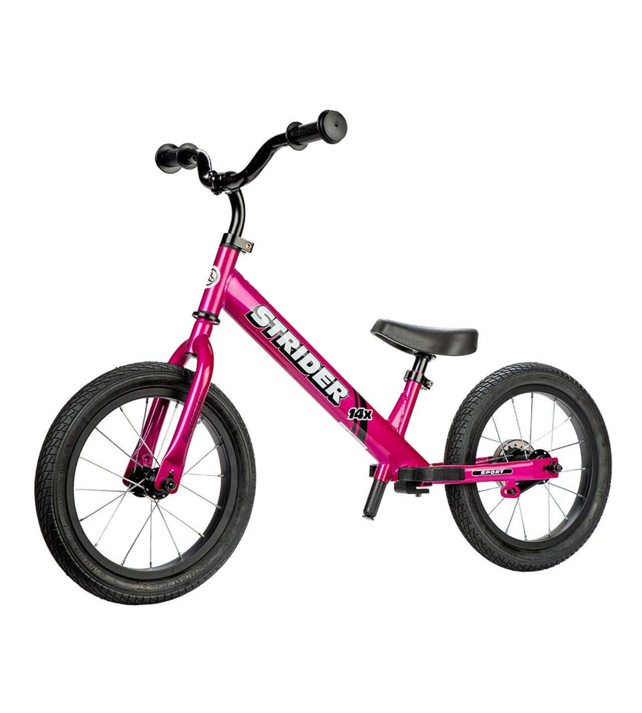 Strider 14x Convertible Bike in bright pink, designed for kids to learn balance and transition to pedaling easily.