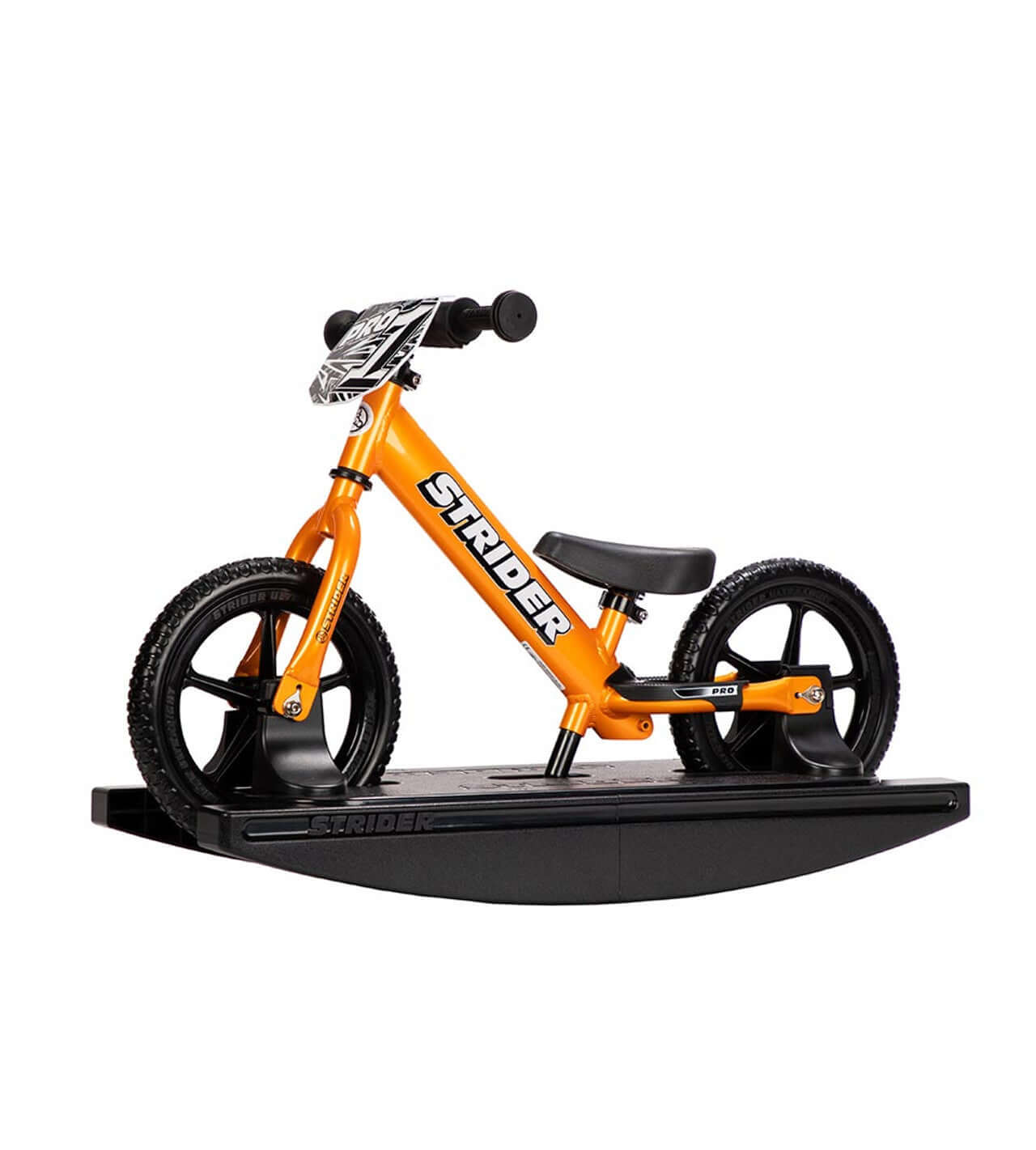 Strider Pro 2-in-1 Rocking Bike in orange with detachable rocking base for effortless play and balance training.