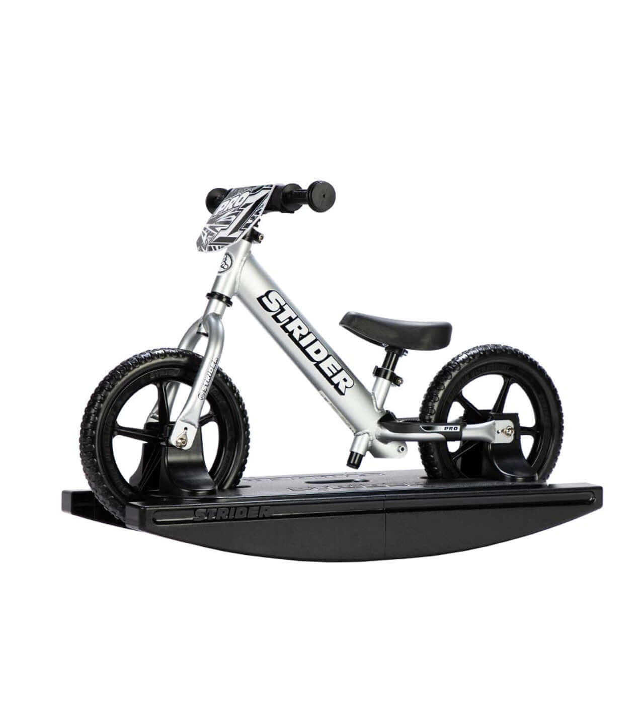 Strider Pro 2-in-1 Rocking Bike on rocking base, designed for babies to encourage balance and coordination.