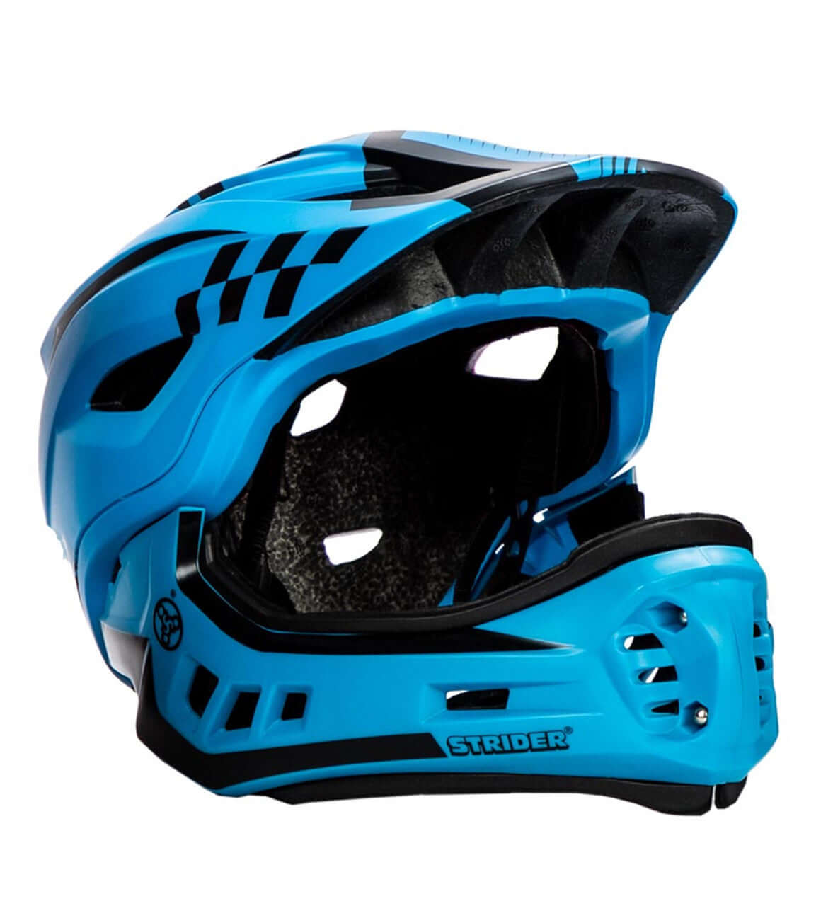 Strider 2-in-1 Full Face Helmet for kids in blue, offering safety and style for adventurous riders.