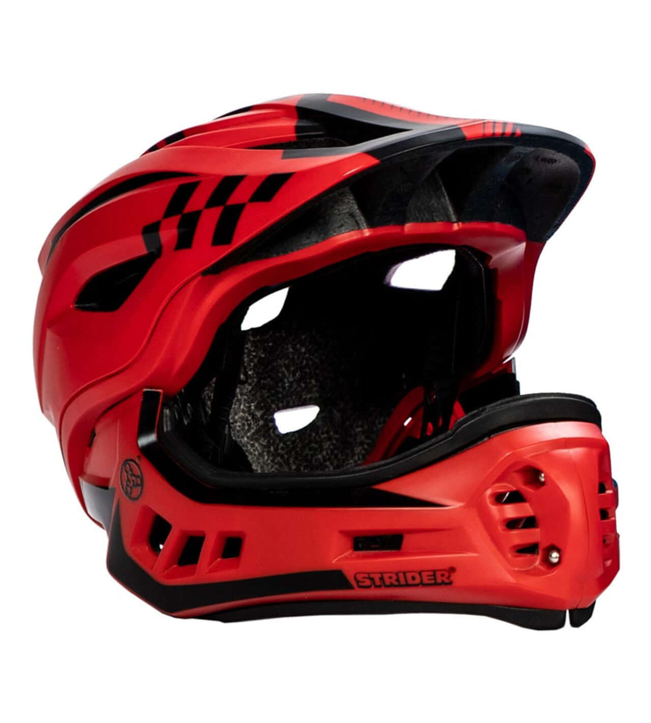 Strider 2-in-1 Full Face Helmet for kids in vibrant red color, designed for safety and confidence while riding.