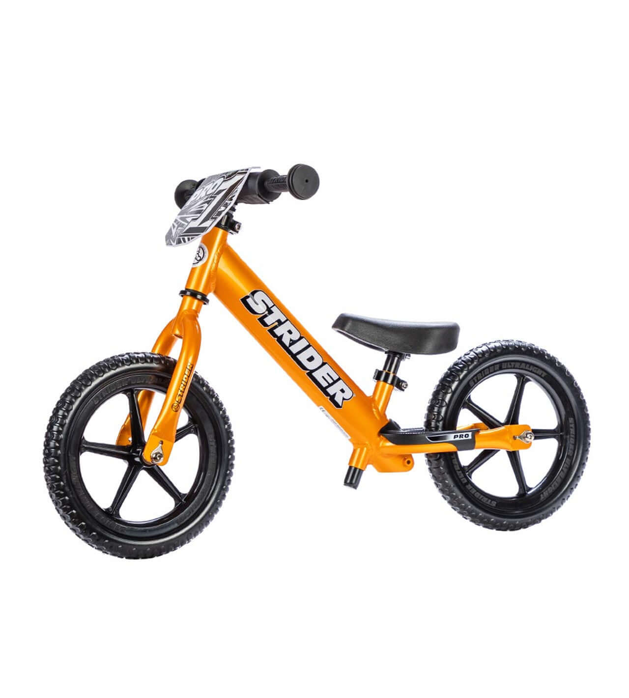 Strider 12 Pro Balance Bike in vibrant orange color, designed for tiny racers and easy adjustability for young riders.
