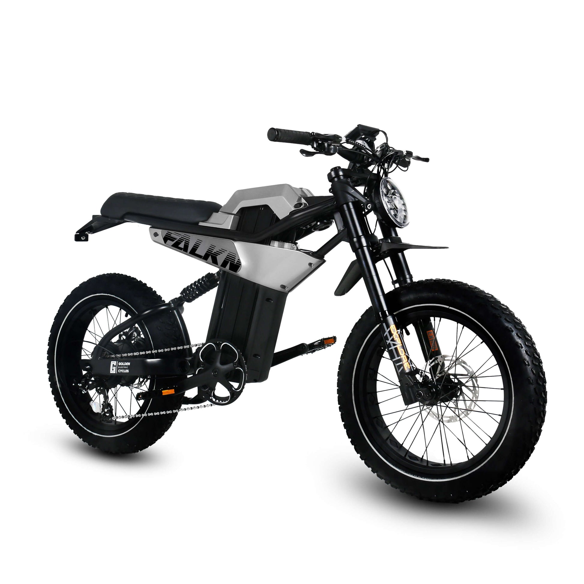 Golden Cycles FALKN E-bike featuring 750W motor and 48V battery for powerful rides on urban streets or boardwalks.