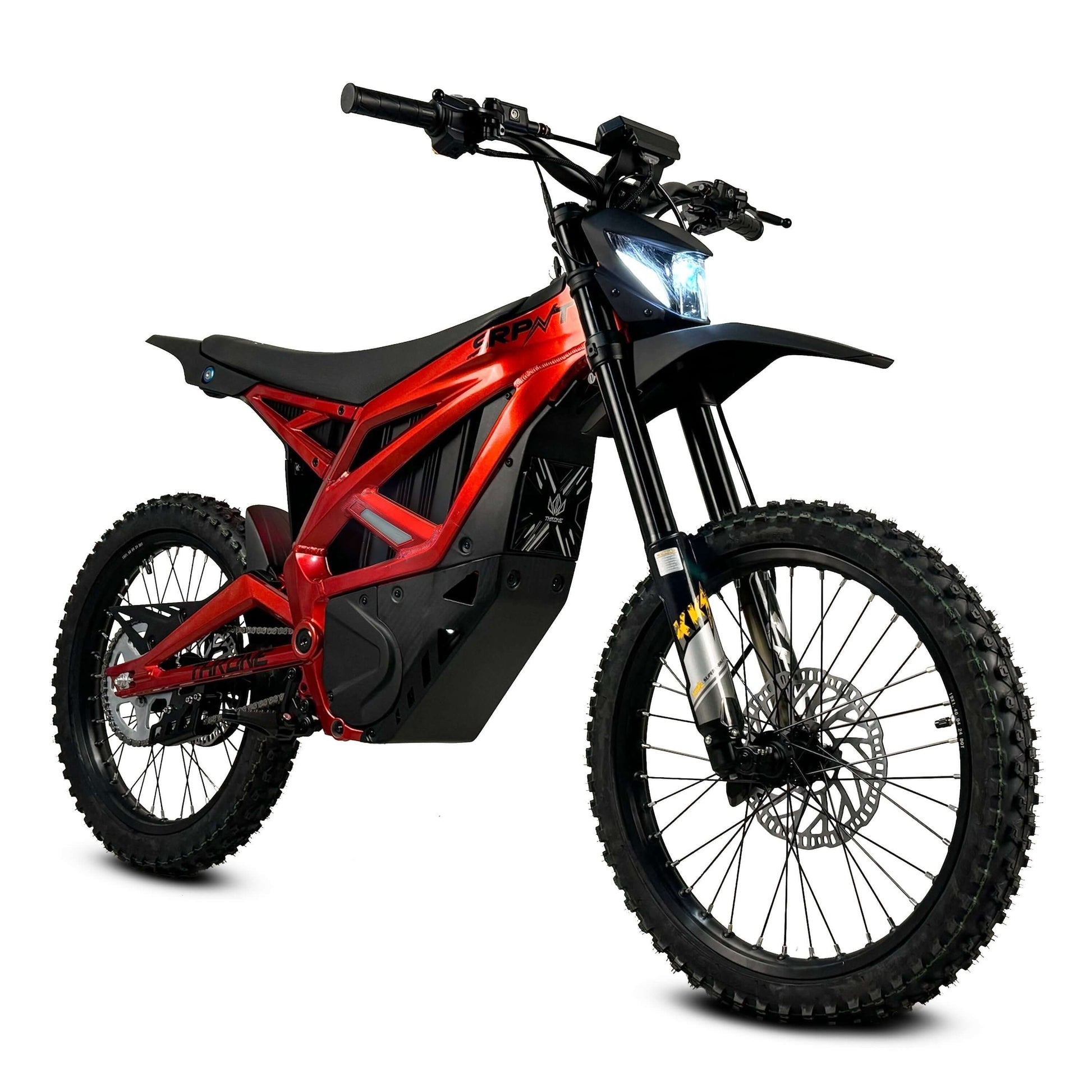 Throne SRPNT e-DIRT BIKE in striking red design showcasing advanced electric features and rugged tires.