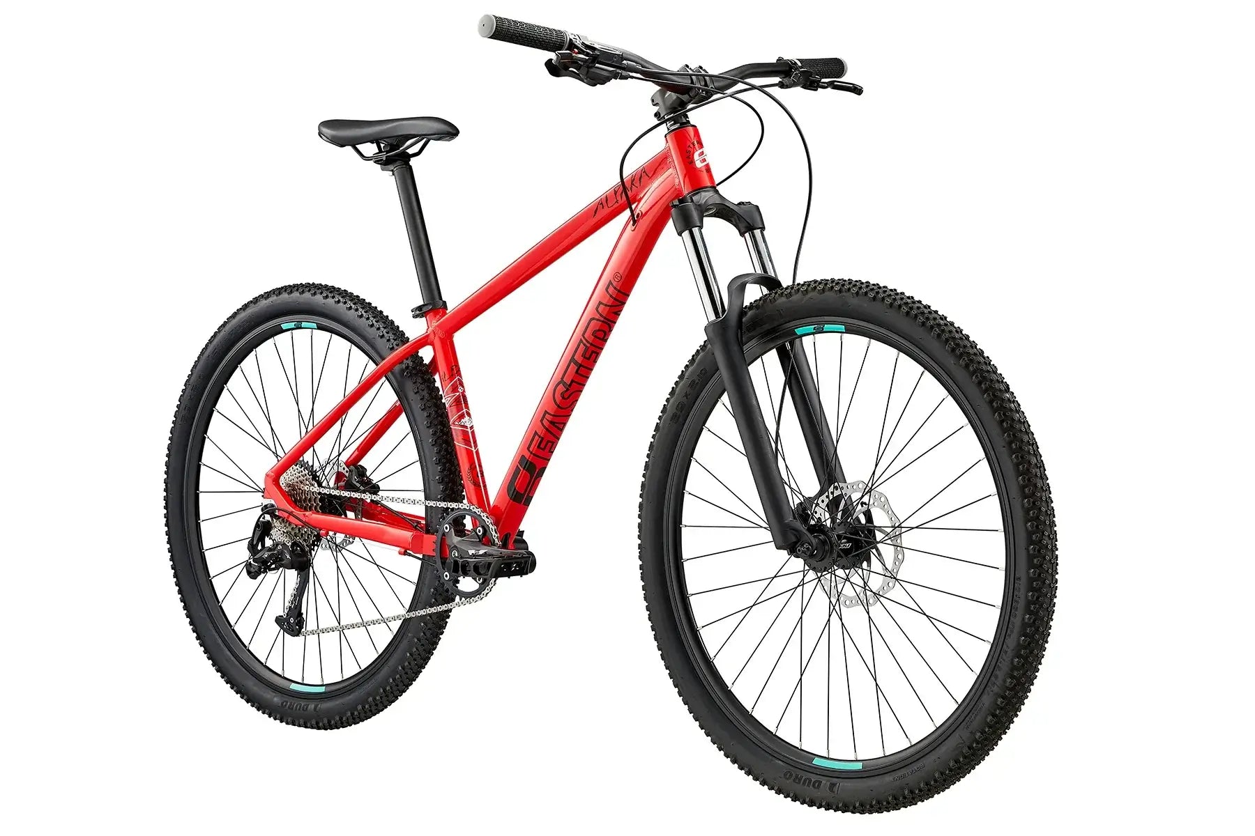 Eastern Bike Alpaka Men's 29": red mountain bike with hydraulic disc brakes and double-wall rims, perfect for neighborhood rides.