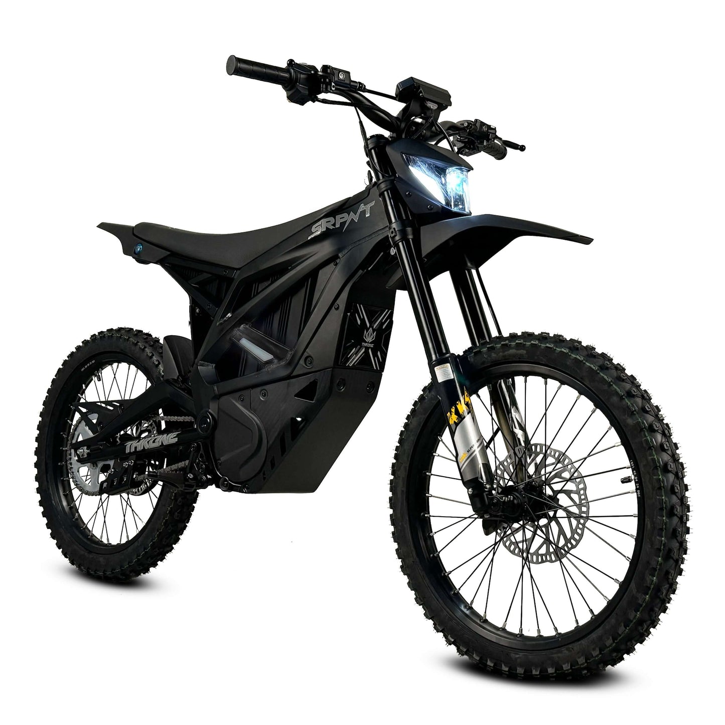 Throne SRPNT e-DIRT BIKE featuring a sleek black design, powerful electric motor, and rugged tires for thrilling off-road adventures.