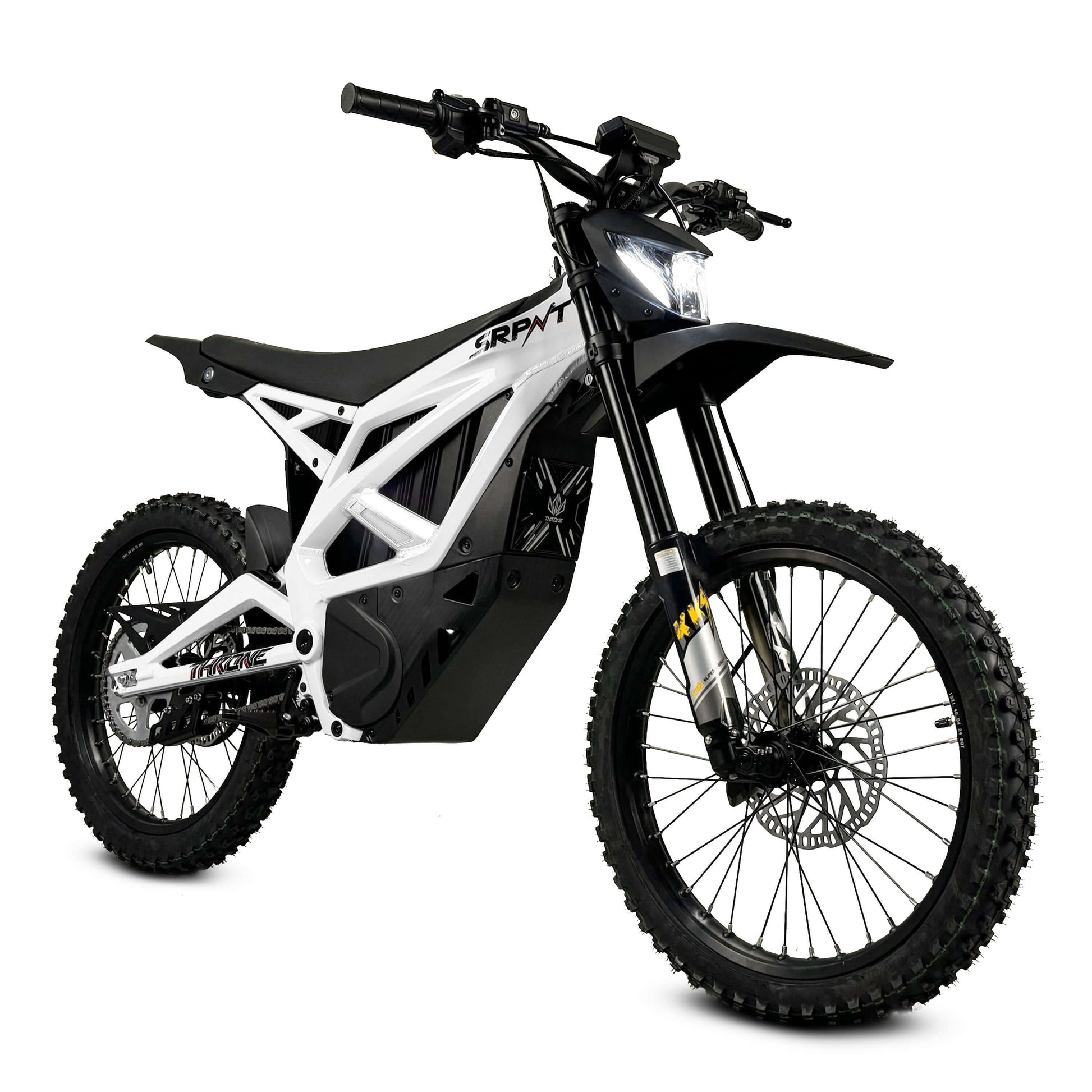 Throne SRPNT e-DIRT BIKE featuring custom alloy frame and dual suspension for ultimate off-road adventure.