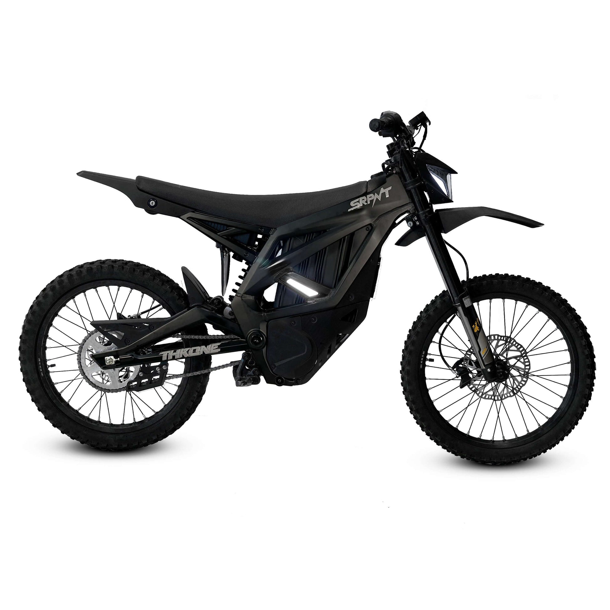 Throne SRPNT e-DIRT BIKE in sleek black, showcasing a custom alloy frame and powerful electric design for off-road adventure.