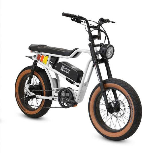 Golden Cycles Panthro electric bike with 750W motor, sleek design, and fat tires for city commuting and recreation.
