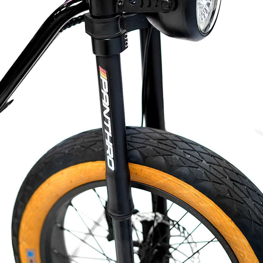 Close-up of Golden Cycles Panthro electric bike showcasing the front wheel and fork design.