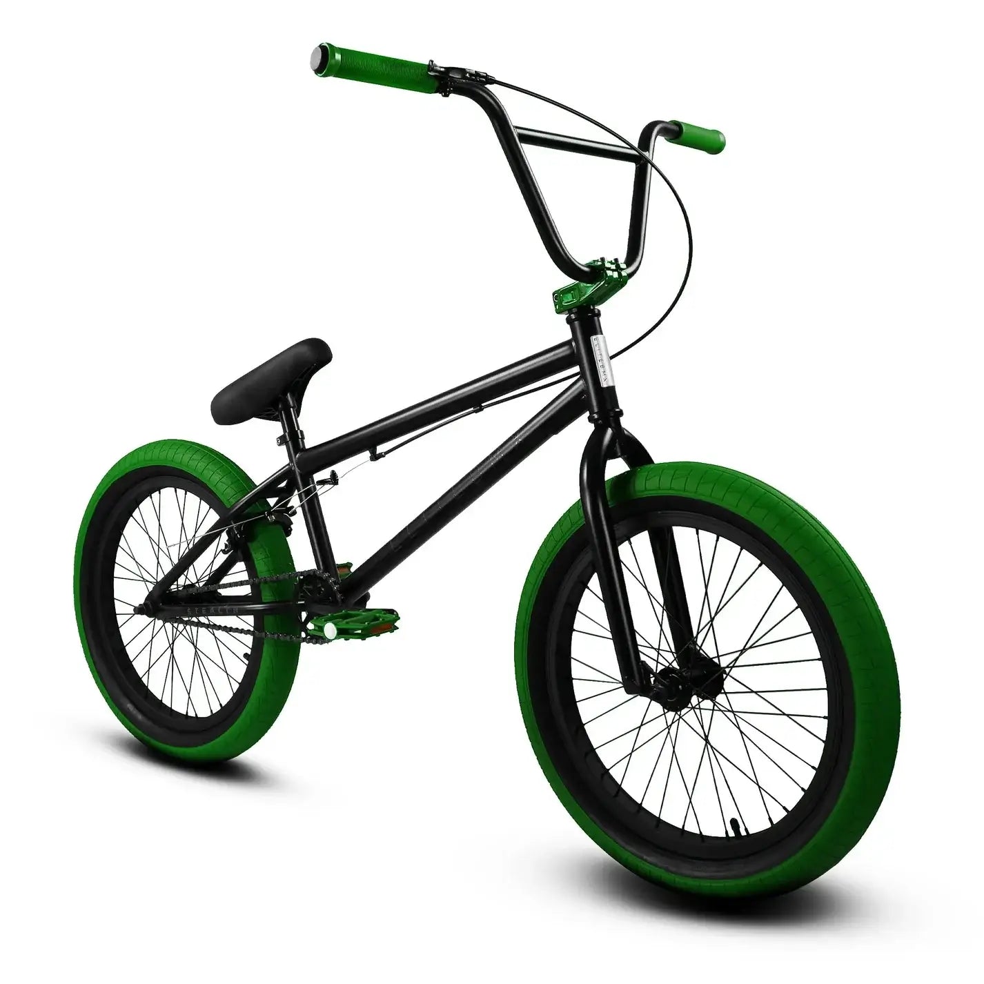 Elite BMX Stealth bike with black frame and green tires, perfect for street and park shredding.