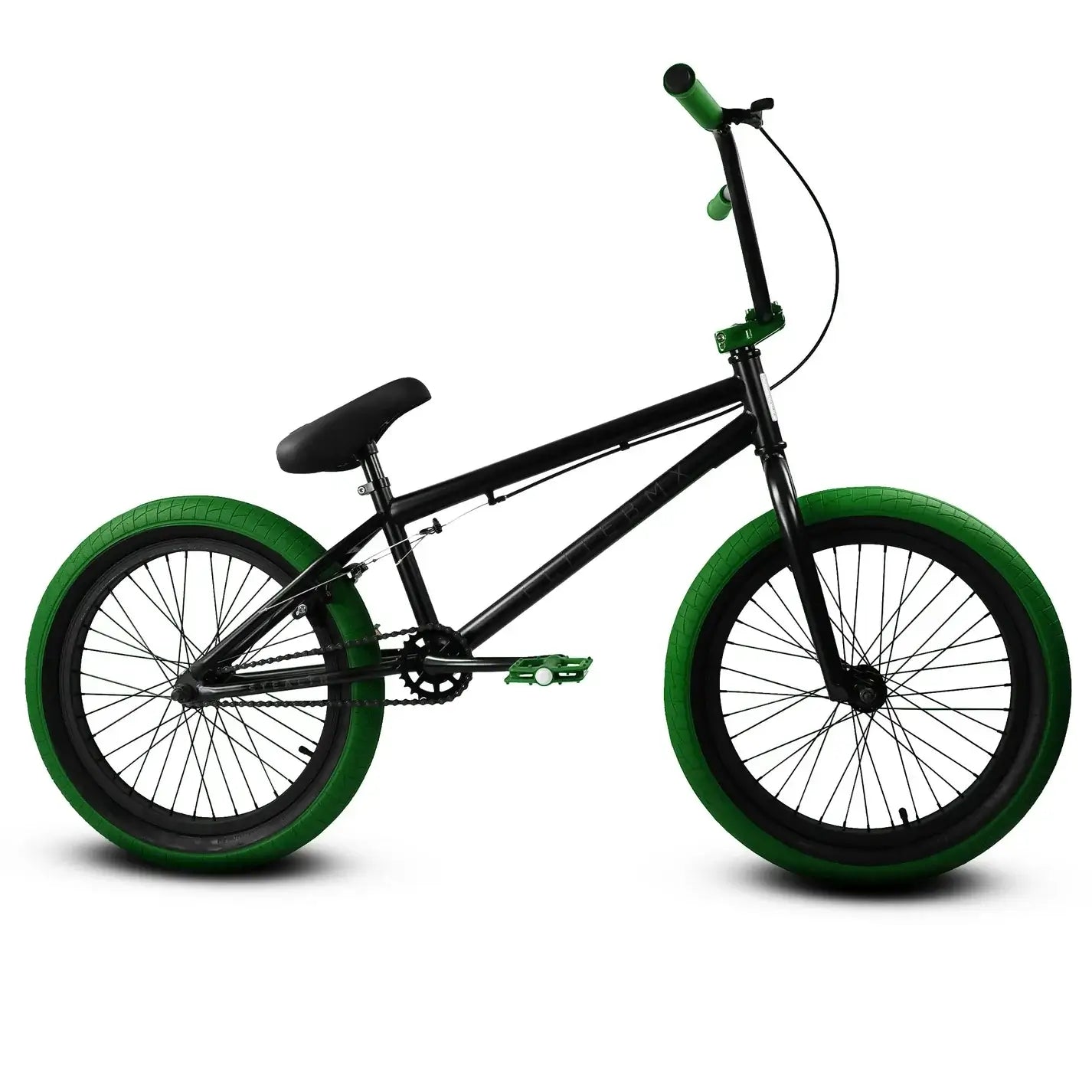 Elite BMX Stealth bike with black frame and green tires, perfect for park and street riding in 2024.