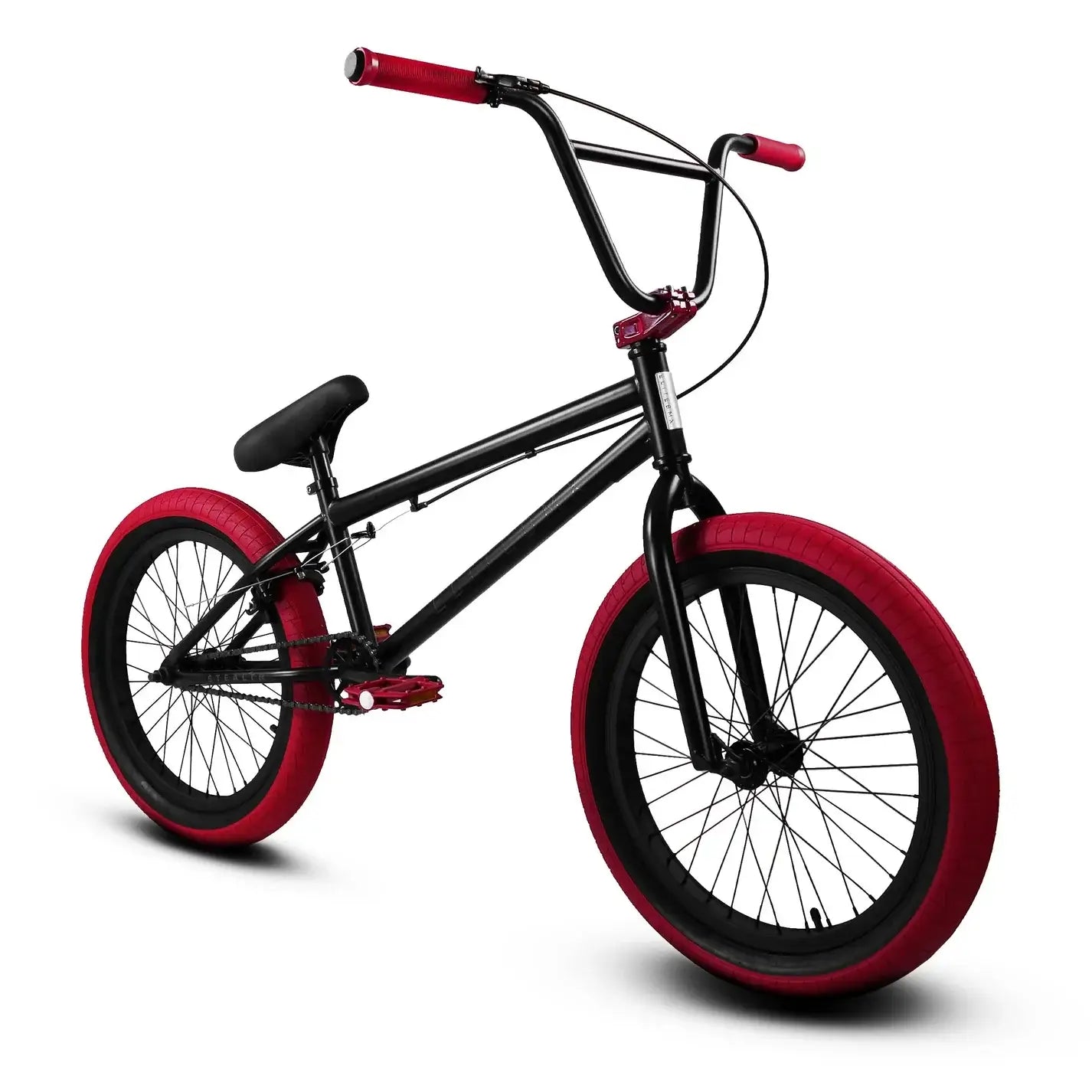 Elite BMX Stealth 2024 model with black frame and red tires, designed for street and park riding.