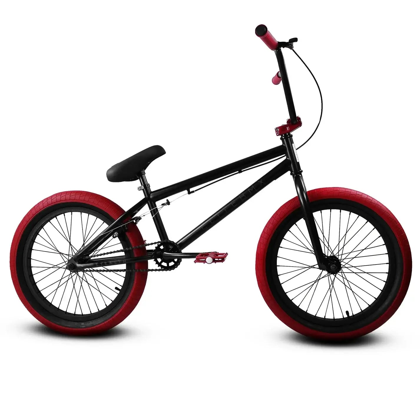 Elite BMX Stealth bike featuring black frame and red tires, perfect for street and park riding.