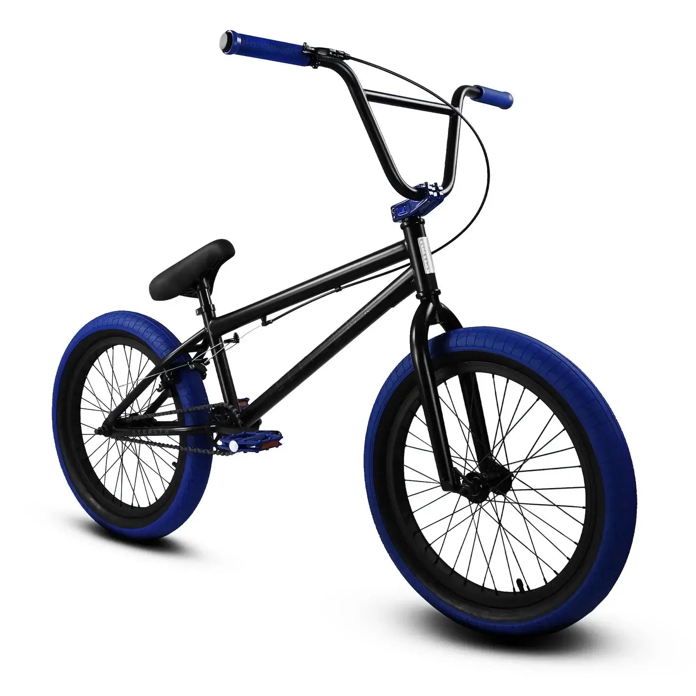 2024 Elite BMX Stealth bike with blue tires and alloy stem, perfect for park and street riding.