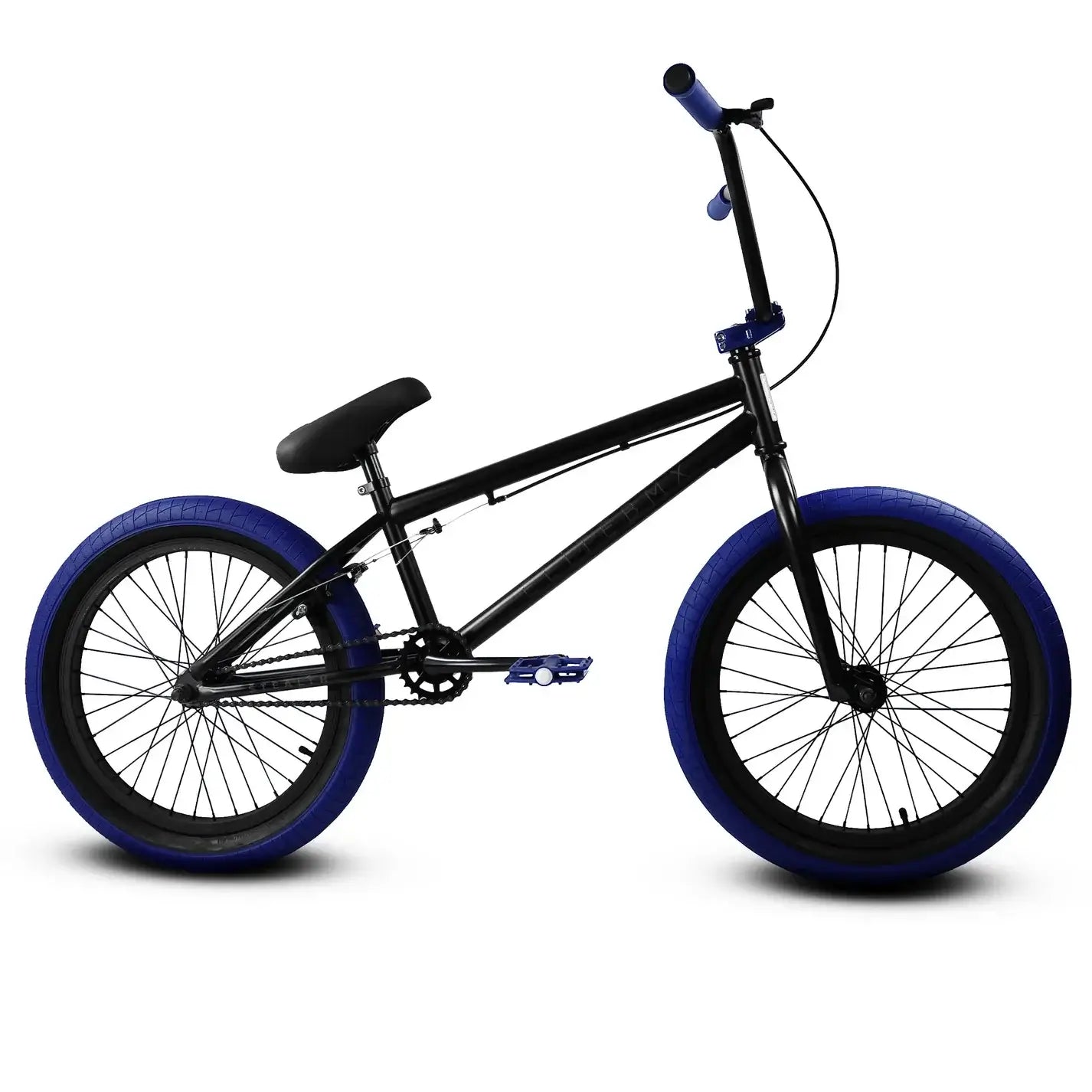 Elite BMX Stealth bike featuring black frame and blue tires, perfect for street and park riding.