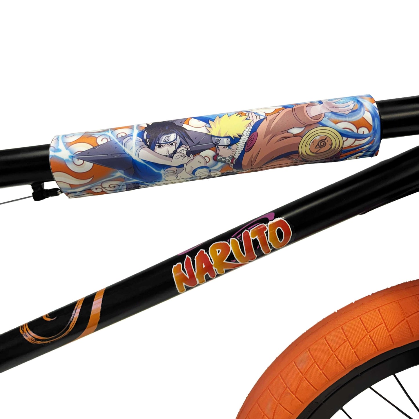 Close-up of the Elite BMX Stealth bike featuring Naruto graphics and design on the top tube.