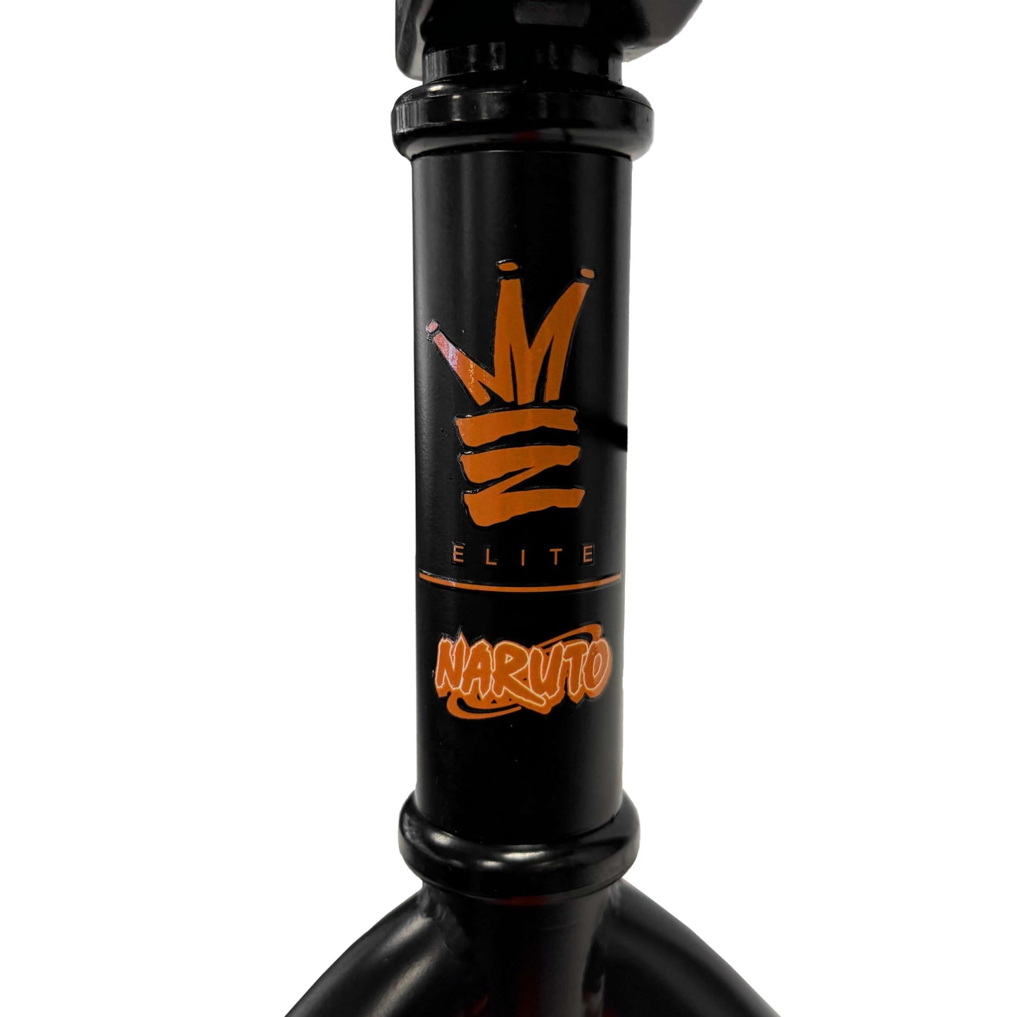 Close-up of Elite BMX - Stealth - Naruto bike frame showcasing iconic logo and design details.