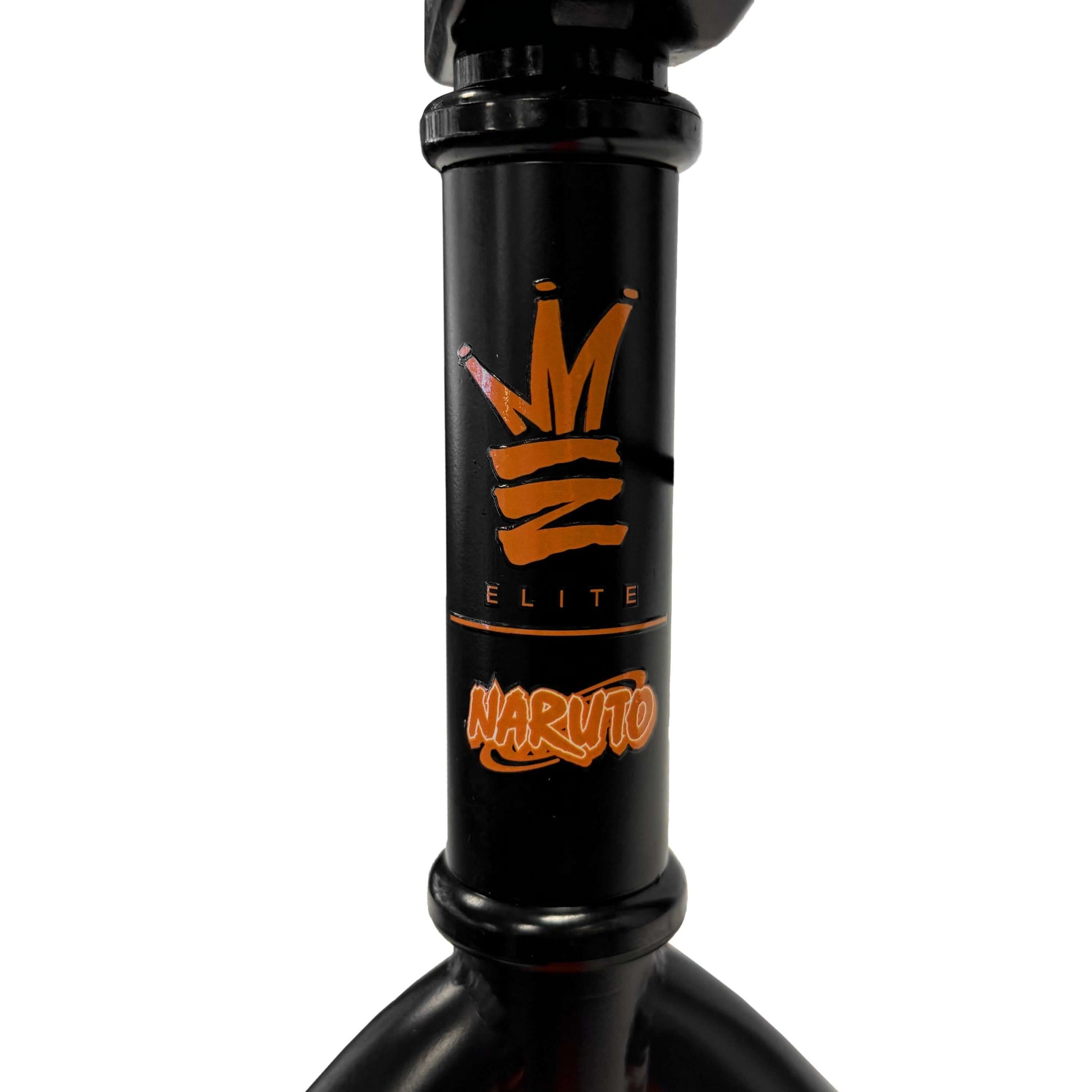 Close-up of Elite BMX - Stealth - Naruto bike frame showcasing iconic logo and design details.