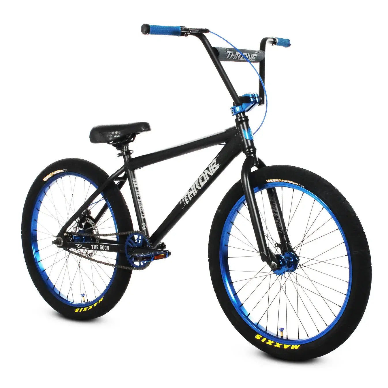 Throne The Goon 24" BMX bike with black frame and blue accents, featuring a classic design and durable wheels.