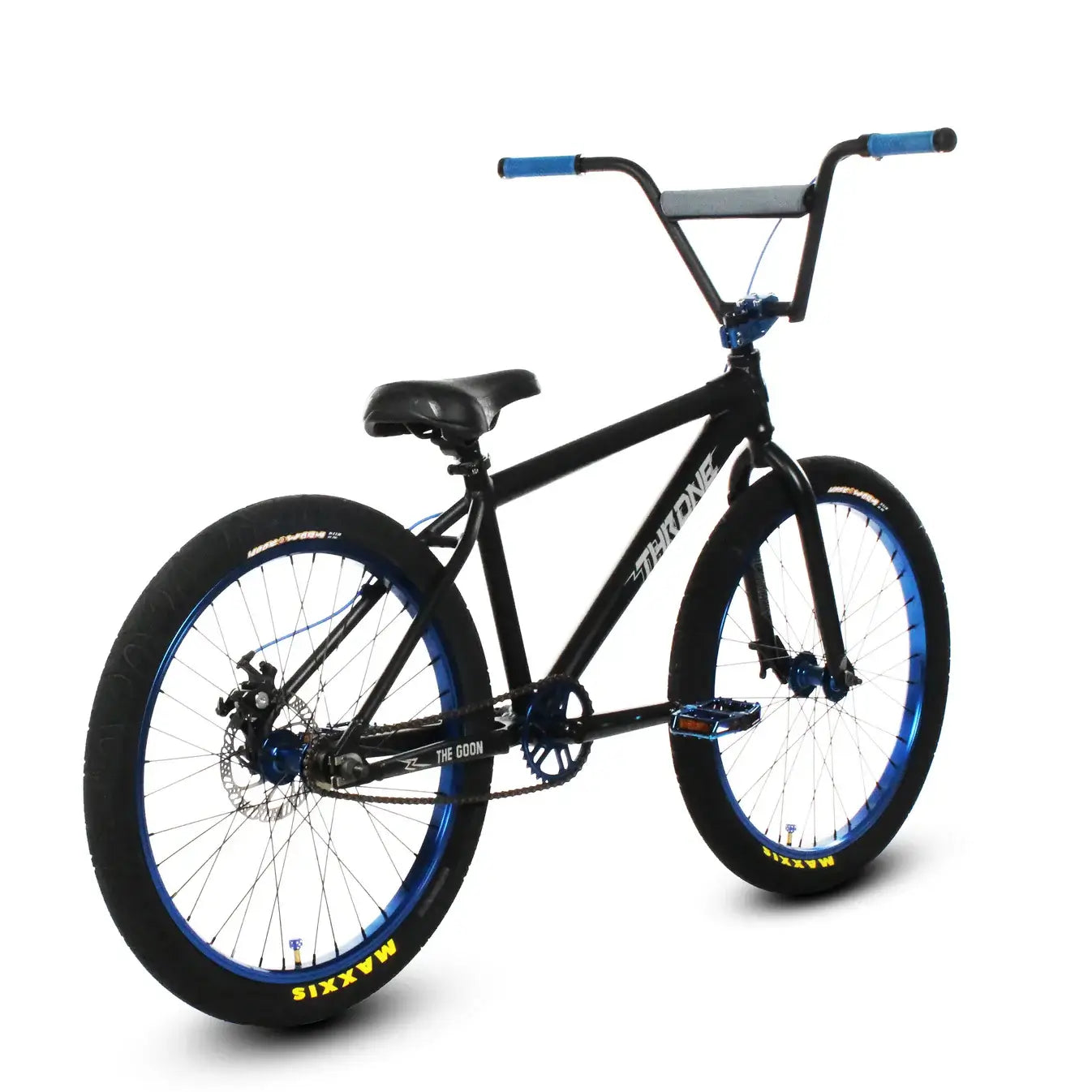 Throne The Goon 24" BMX bike with black frame and blue accents, features double wall wheels and alloy handlebars.