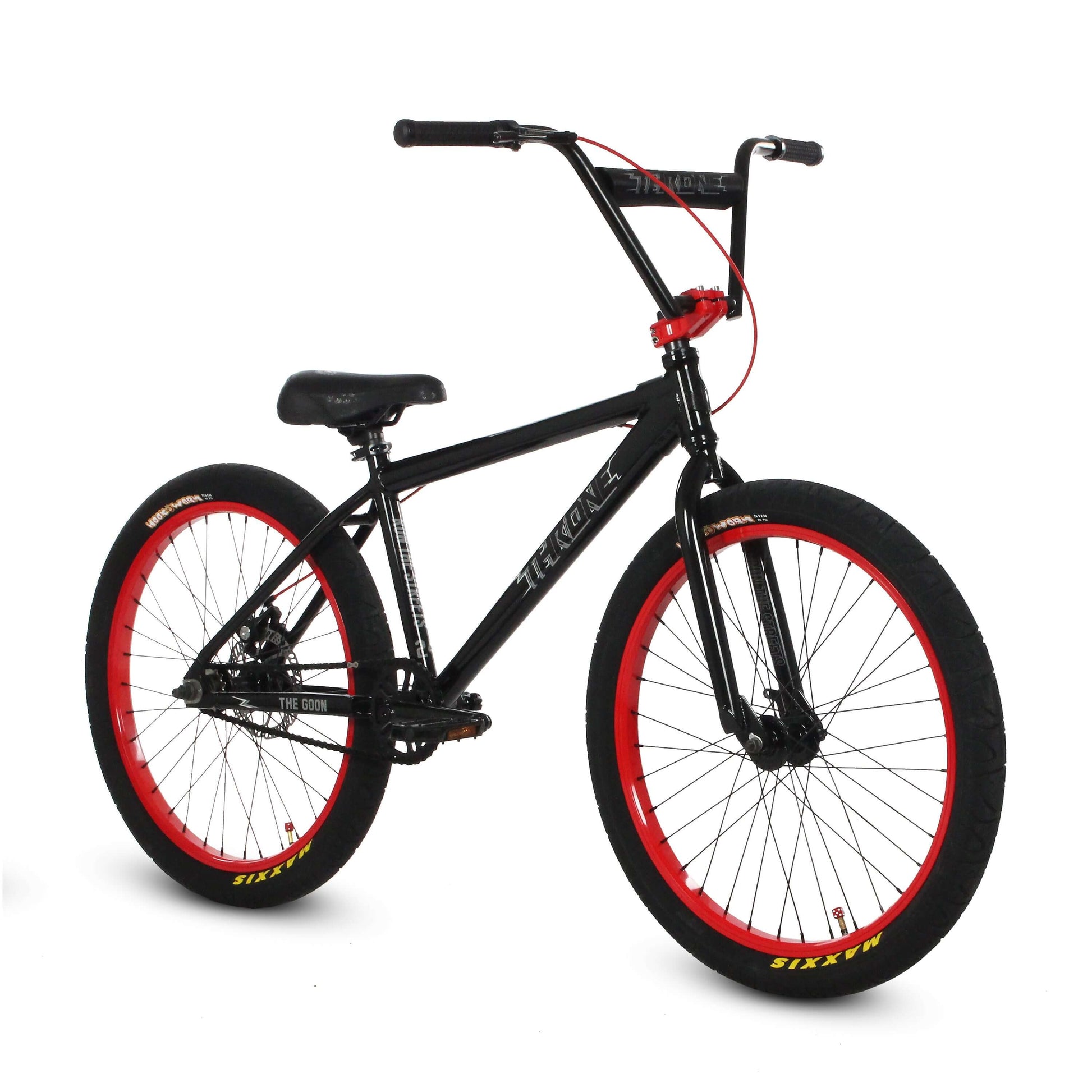 Throne The Goon 24" BMX bike with black frame and red rims, designed for performance and style.