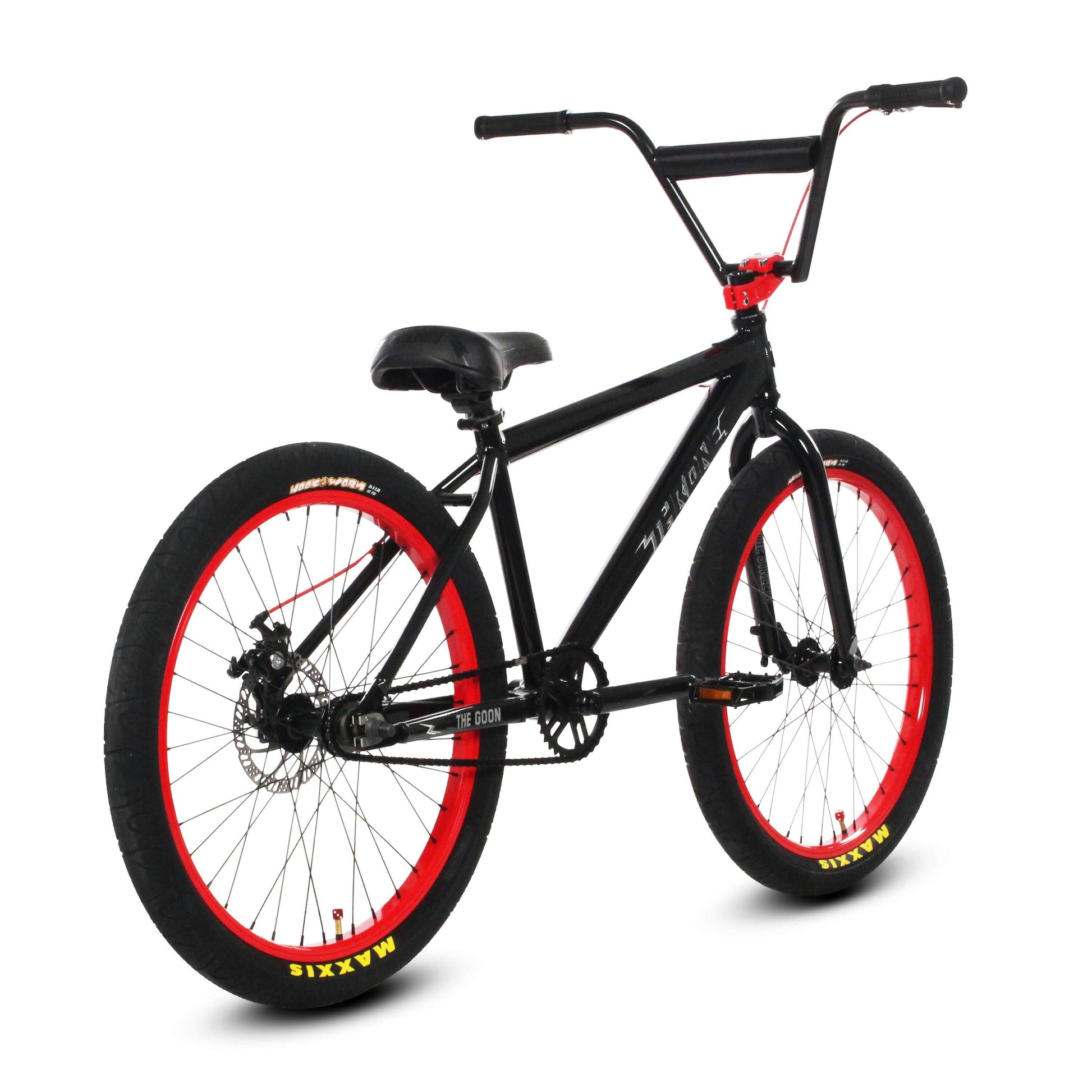 Throne The Goon 24" bicycle featuring a sleek black frame with red wheel accents and BMX handlebars.