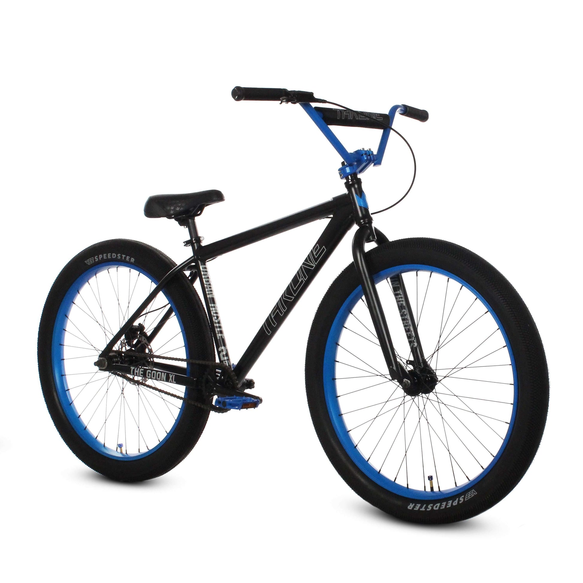 Throne The Goon XL bike featuring a sleek black frame with blue accents and oversized tires.