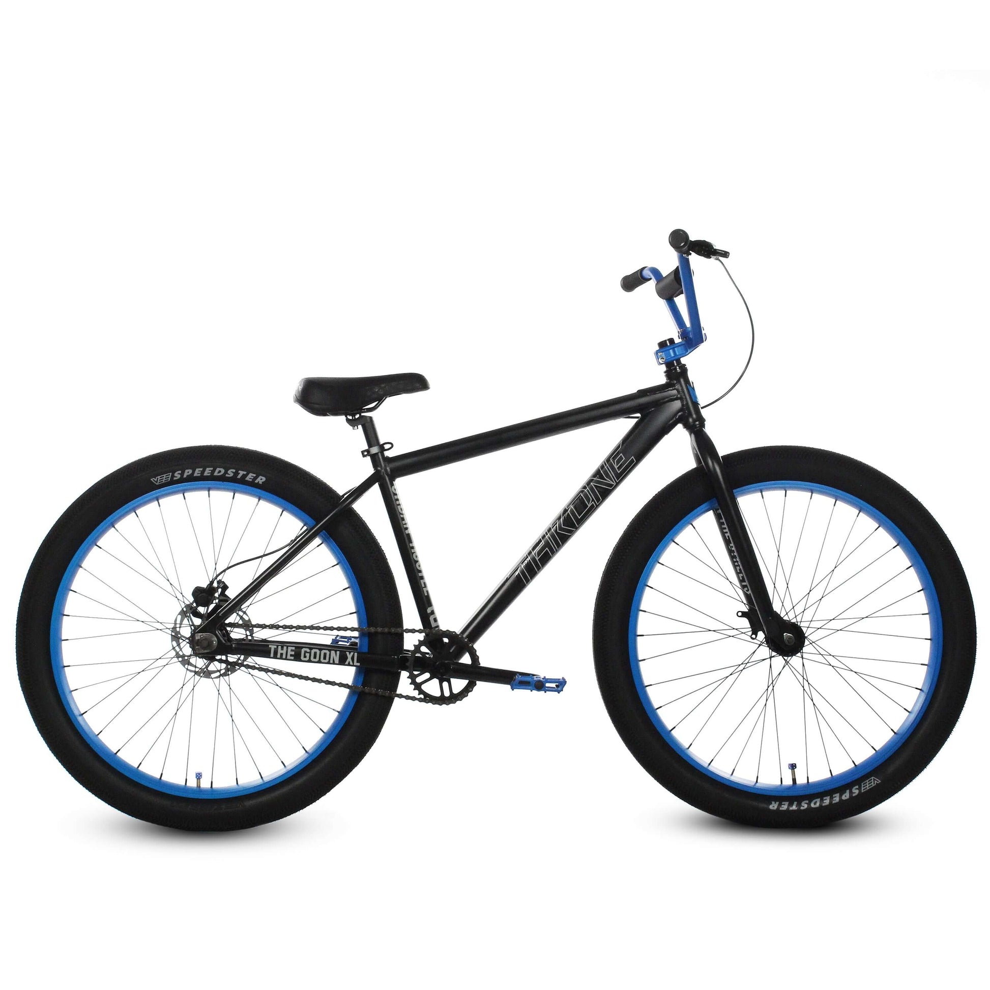 Throne The Goon XL bike featuring black frame, blue accents, 27.5 wheels, and a durable design for street riding.