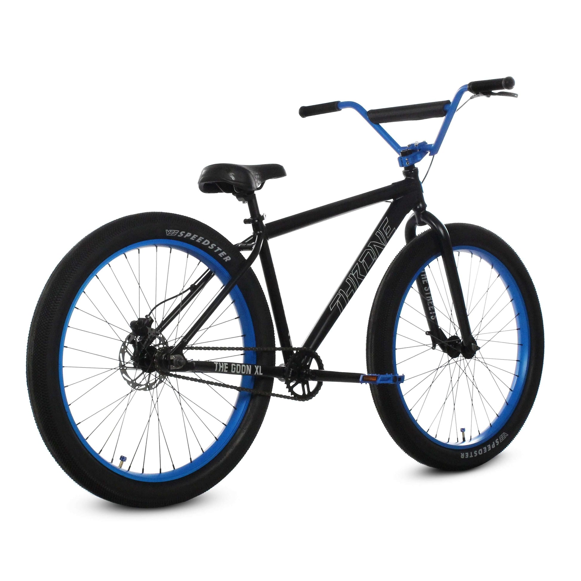 Throne The Goon XL bike with black frame and blue accents, featuring oversized tires and disc brake.