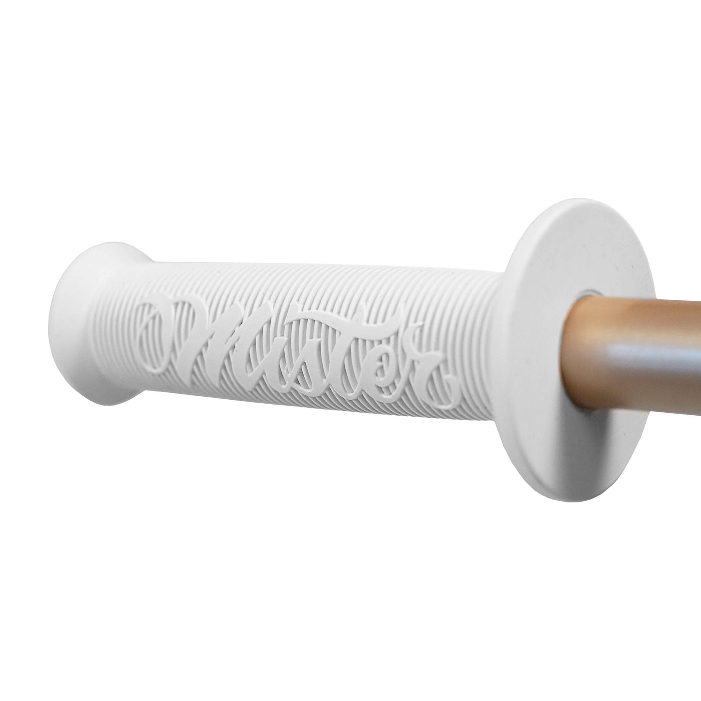 White BMX grip featuring Mister Cartoon's signature design, ideal for Throne Goon bikes.