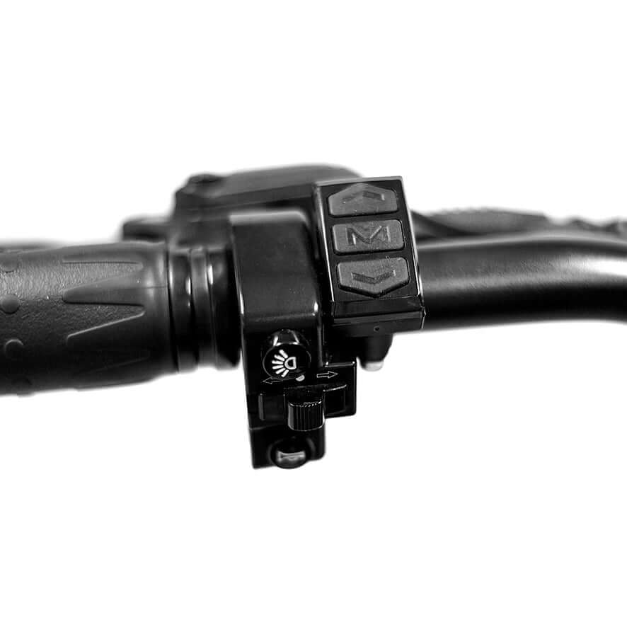 Close-up of the control panel on Golden Cycles Panthro electric bike handlebars