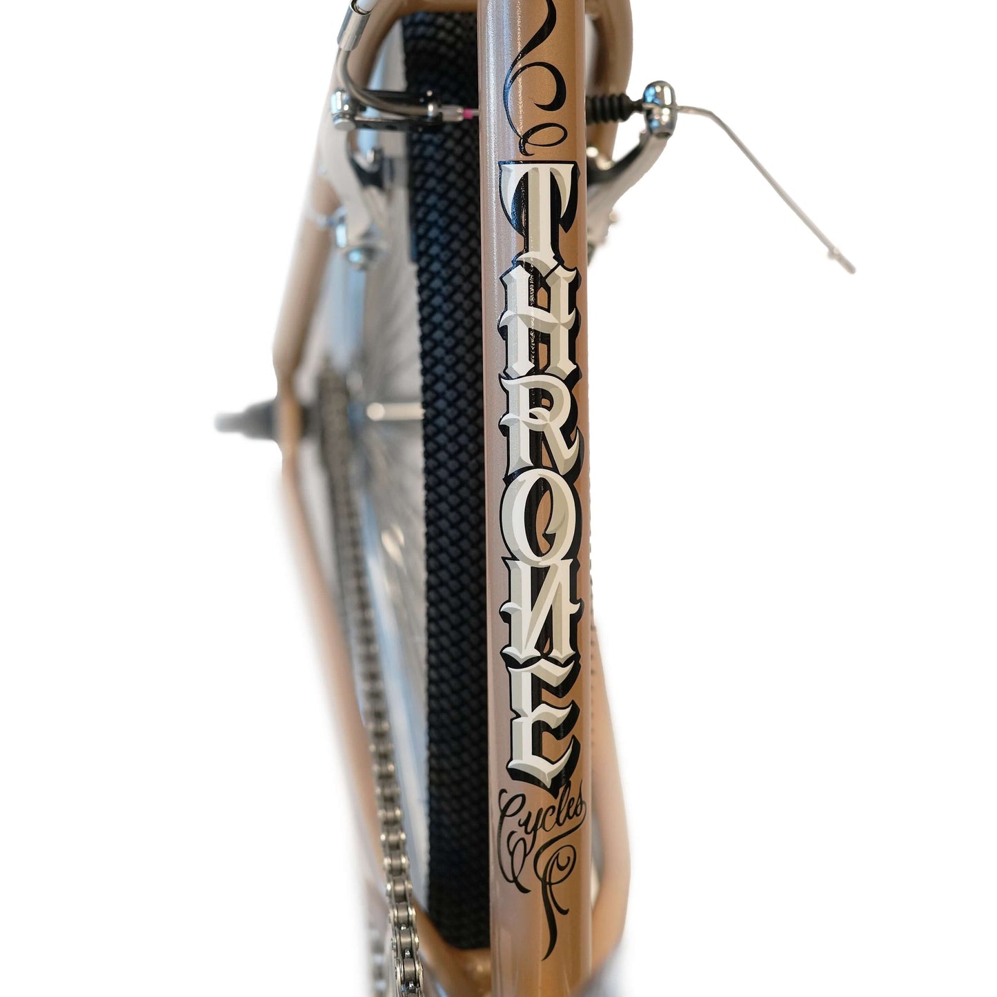 Throne Cycles logo on the frame of the limited edition BMX bike, showcasing unique design and craftsmanship.