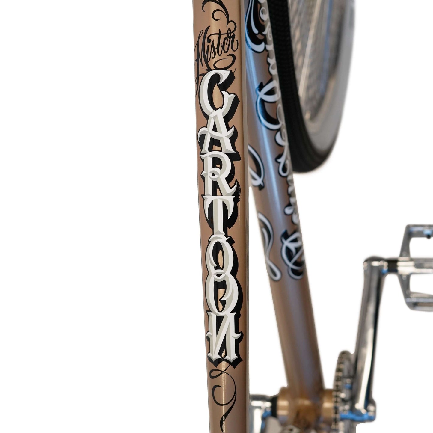 Close-up of the Mister Cartoon logo on the Throne Goon BMX bike frame, showcasing artistry and collaboration.