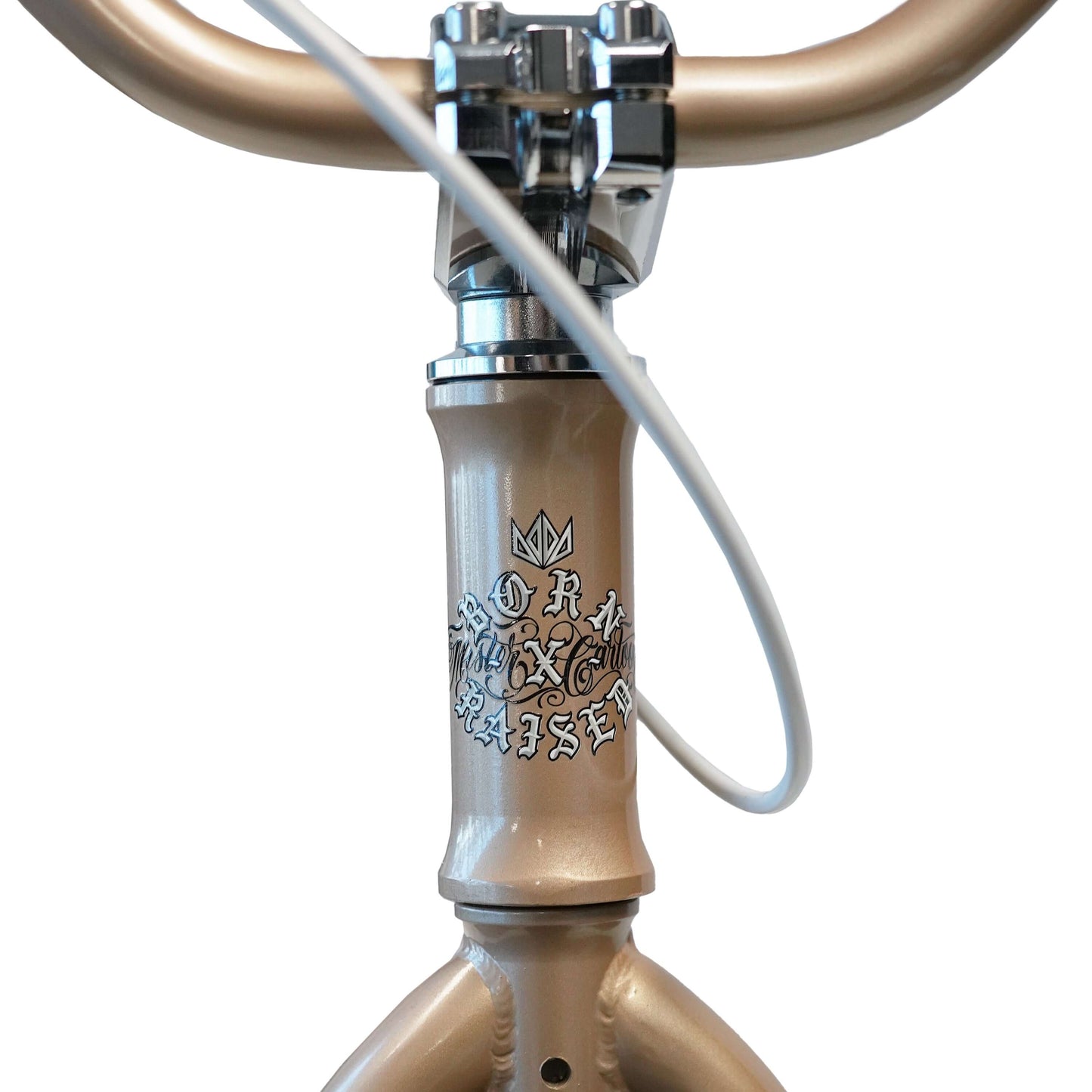 Detail of the Throne Goon BMX bike featuring the Born X Raised branding on the frame.