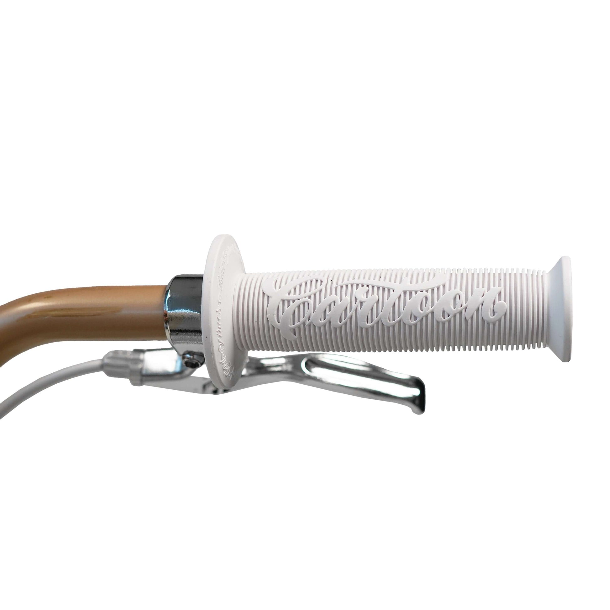 Close-up of Throne x Mister Cartoon BMX handlebars with white grips and brake lever.