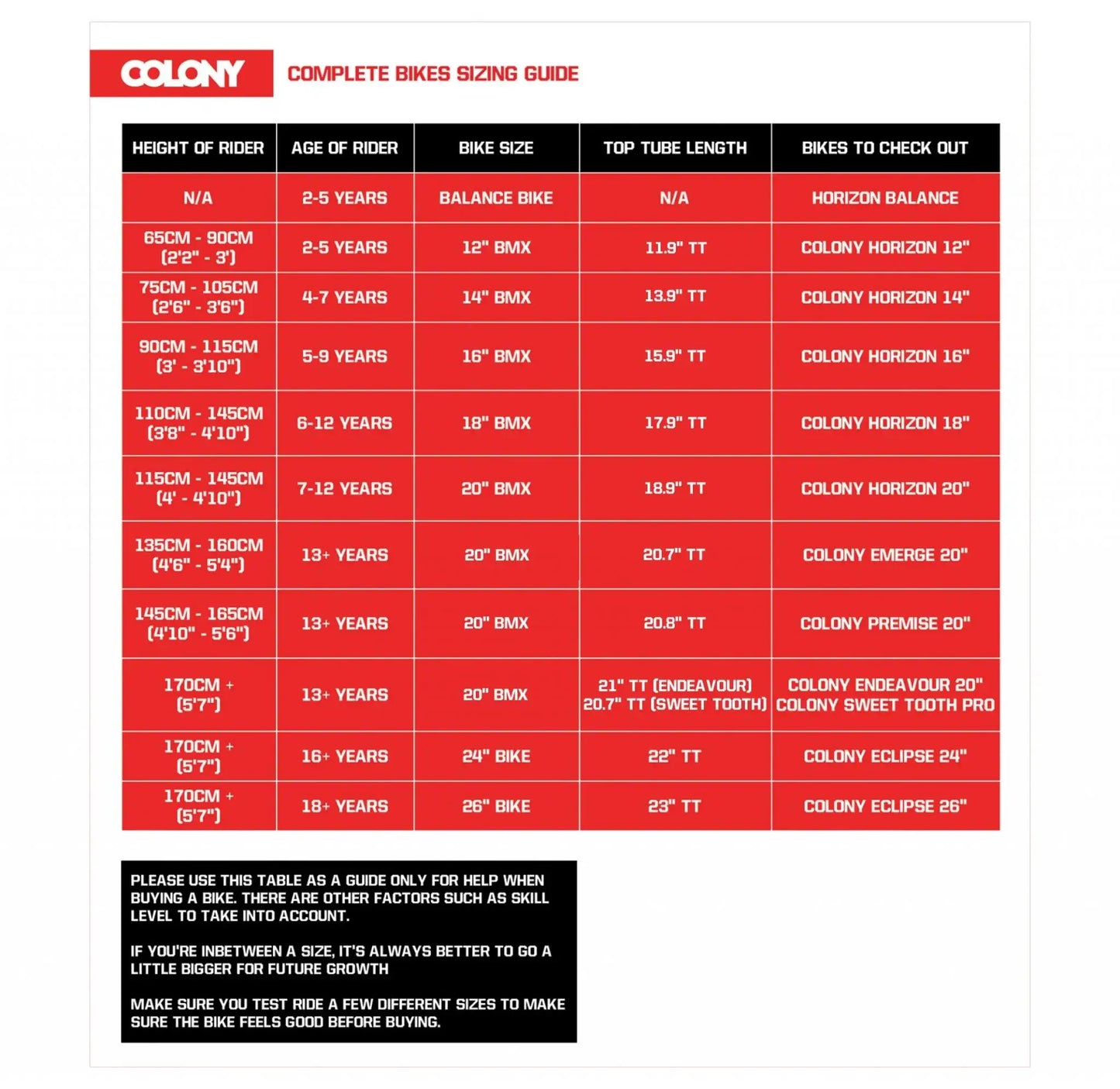 Colony BMX bike sizing guide chart for different heights and ages of riders, detailing bike sizes and top tube lengths.