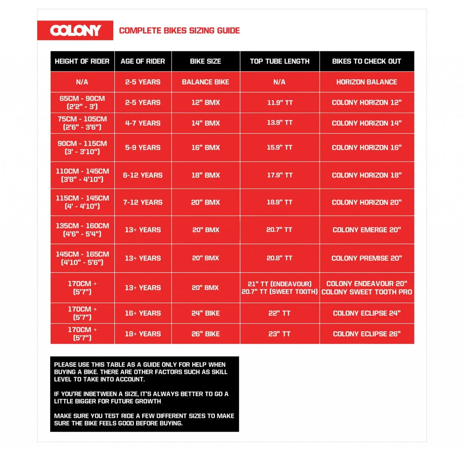 Colony BMX bike sizing guide chart for different heights and ages of riders, detailing bike sizes and top tube lengths.