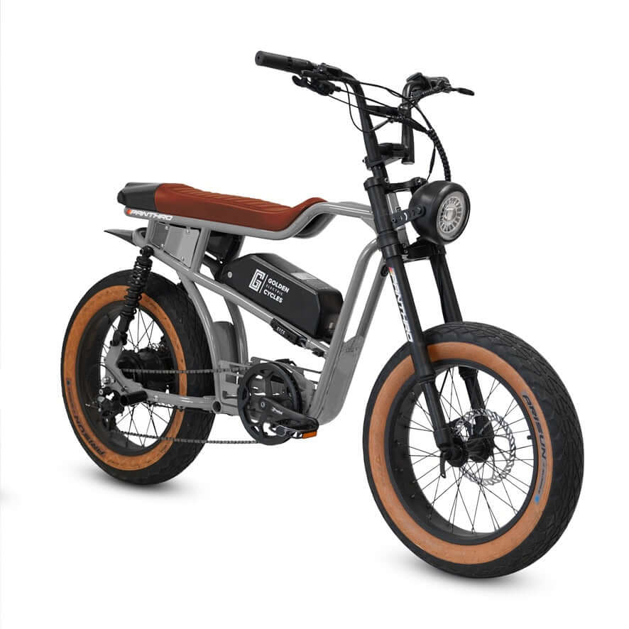 Stylish Golden Cycles Panthro electric bike with 750W motor and 48V battery for commuting and recreation.
