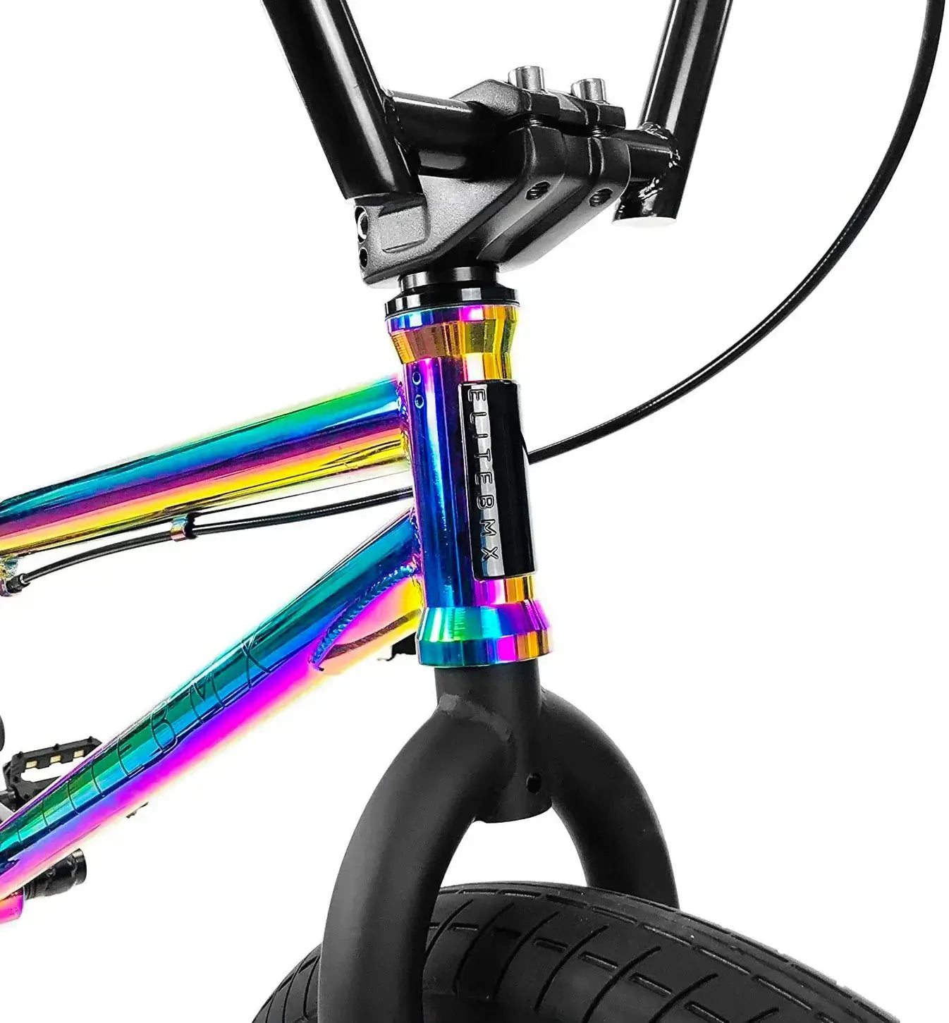 Close-up of the colorful headset on Elite BMX Destro bike showcasing its vibrant design and high-quality components.