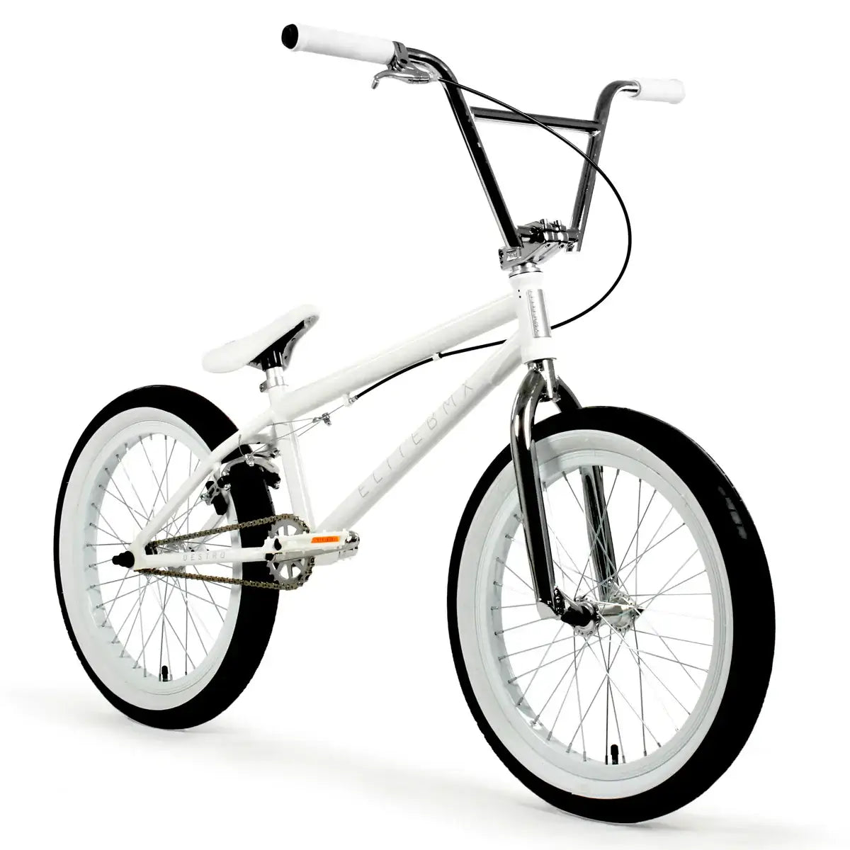 Elite BMX Destro in white, featuring hi-tensile steel frame and black tires for street, dirt, and park riding.